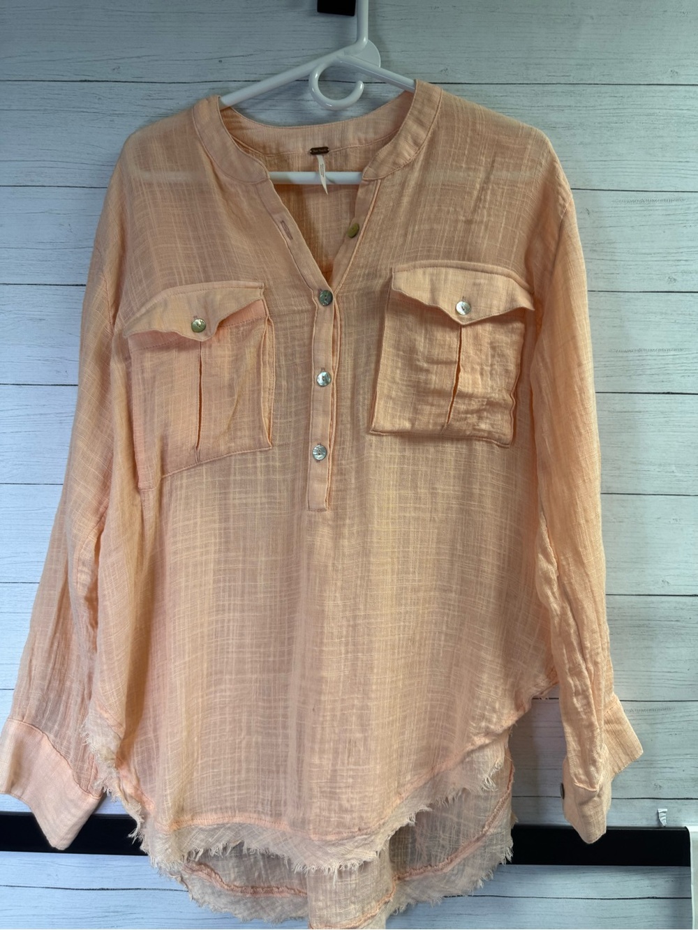 Free People Peach Gauze Raw Hem Oversized Tunic Top M/L Boho Clean Beauty - Picture 6 of 15